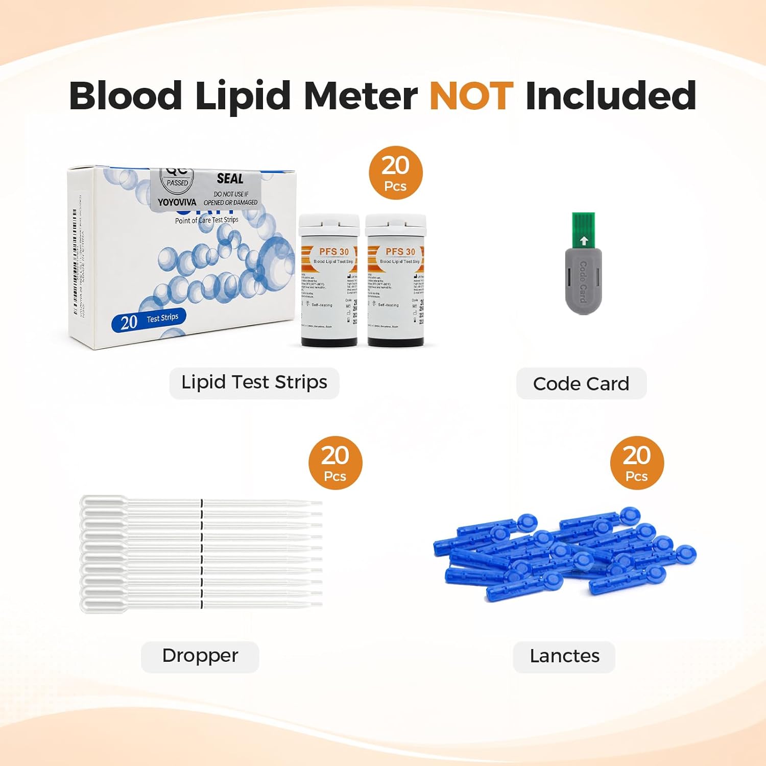YOYOVIVA 20 Pack 5 in 1  TC HDL TG LDL TC/HDL Test Strips with Droppers Lancets Compatible with The  YYLIP-01 Lipid Meter (Meter Not Included)