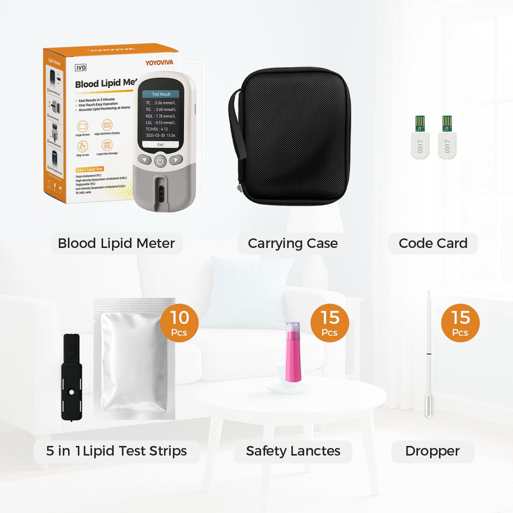 YOYOVIVA 5 in 1 Portable Cholesterol Lipid Test Meter Kit for Total Cholesterol HDL LDL Triglycerides TC/HDL Ratio Easy to Use with 10 Pcs Strips Lancets Droppers