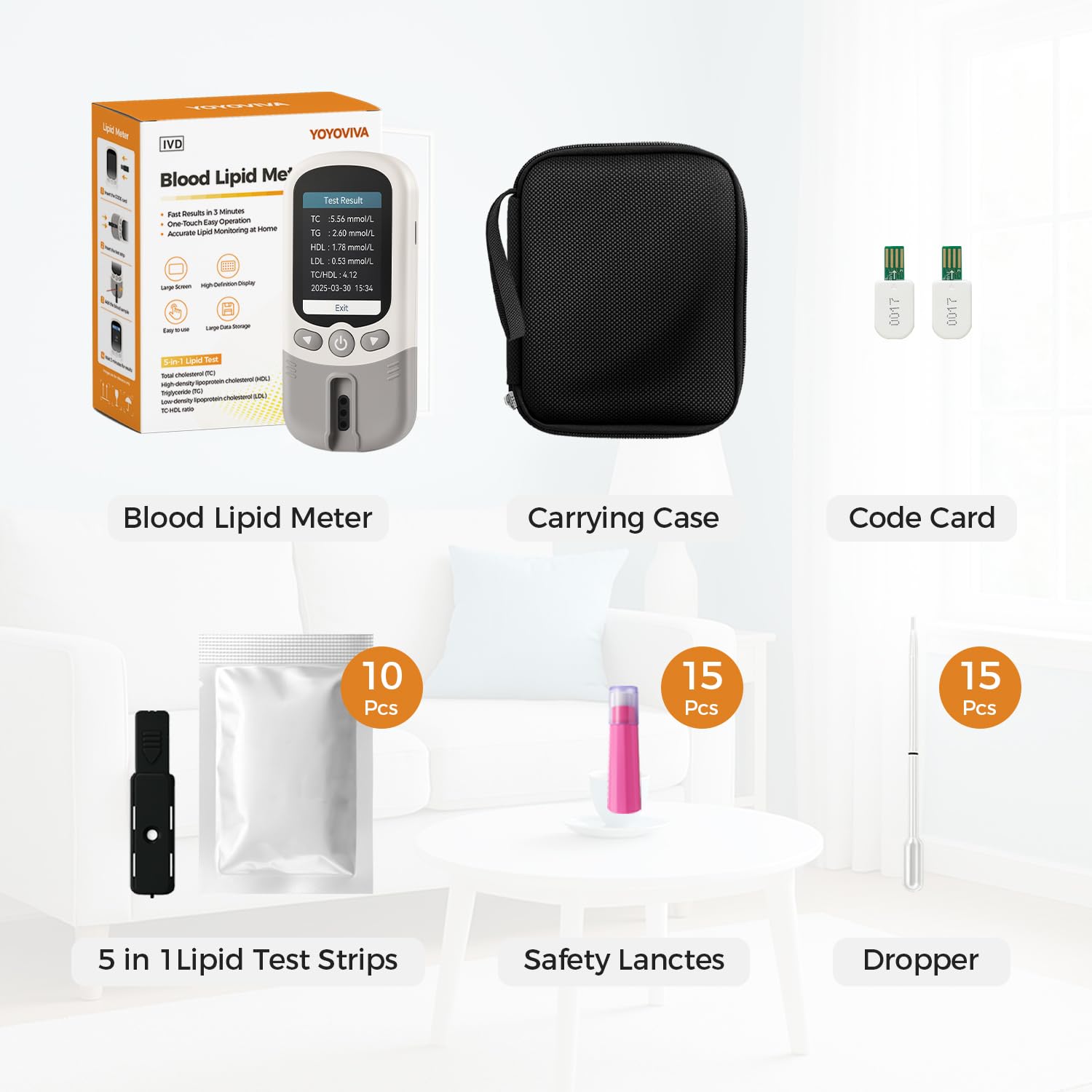 YOYOVIVA 5 in 1 Portable Cholesterol Lipid Test Meter Kit for Total Cholesterol HDL LDL Triglycerides TC/HDL Ratio Easy to Use with 10 Pcs Strips Lancets Droppers