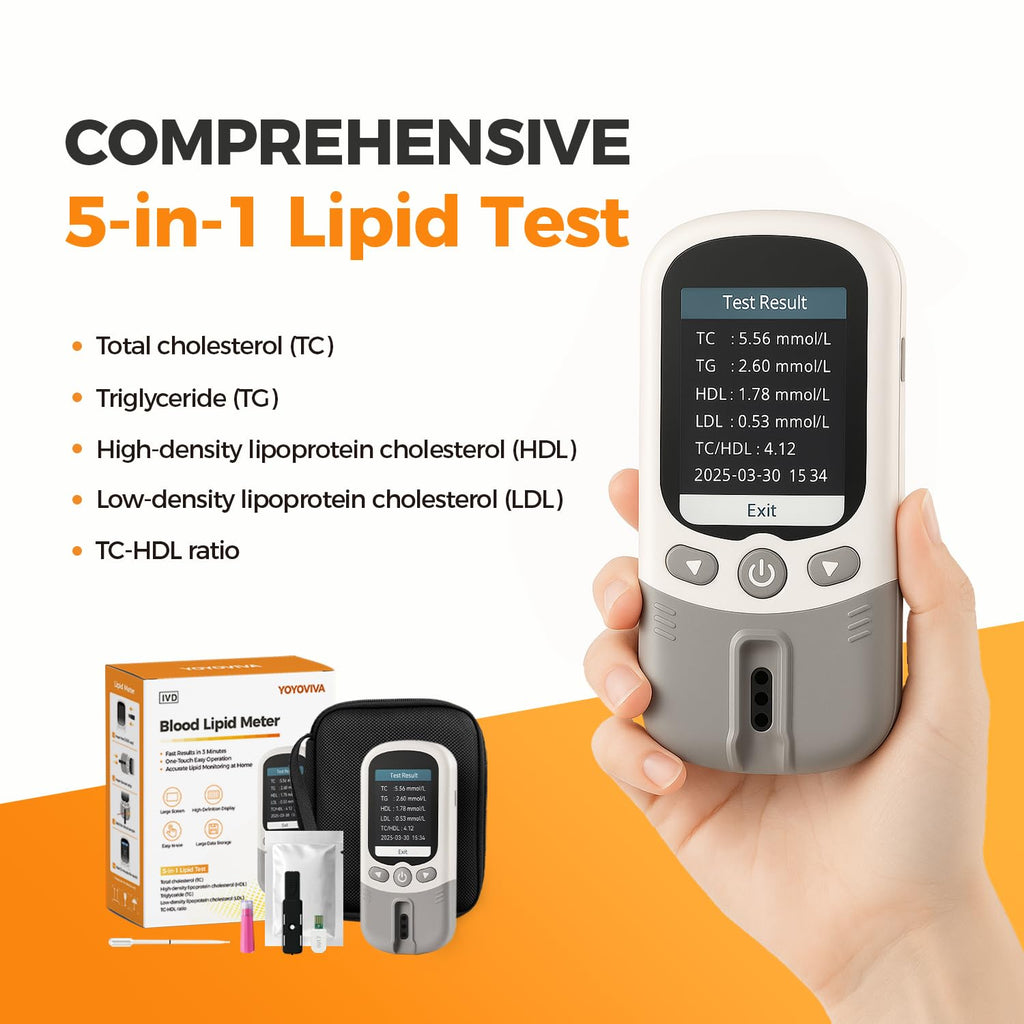YOYOVIVA 5 in 1 Portable Cholesterol Lipid Test Meter Kit for Total Cholesterol HDL LDL Triglycerides TC/HDL Ratio Easy to Use with 10 Pcs Strips Lancets Droppers