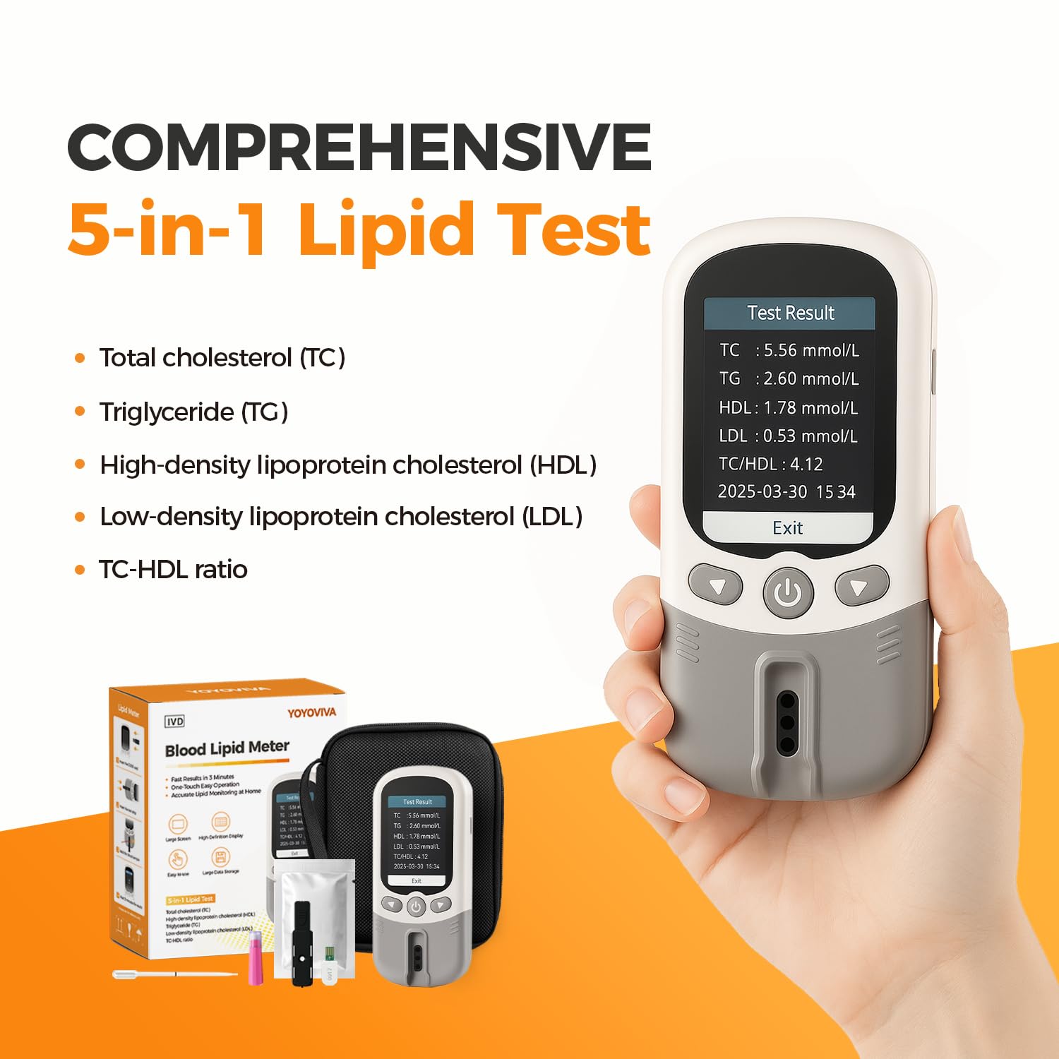 YOYOVIVA 5 in 1 Portable Cholesterol Lipid Test Meter Kit for Total Cholesterol HDL LDL Triglycerides TC/HDL Ratio Easy to Use with 10 Pcs Strips Lancets Droppers