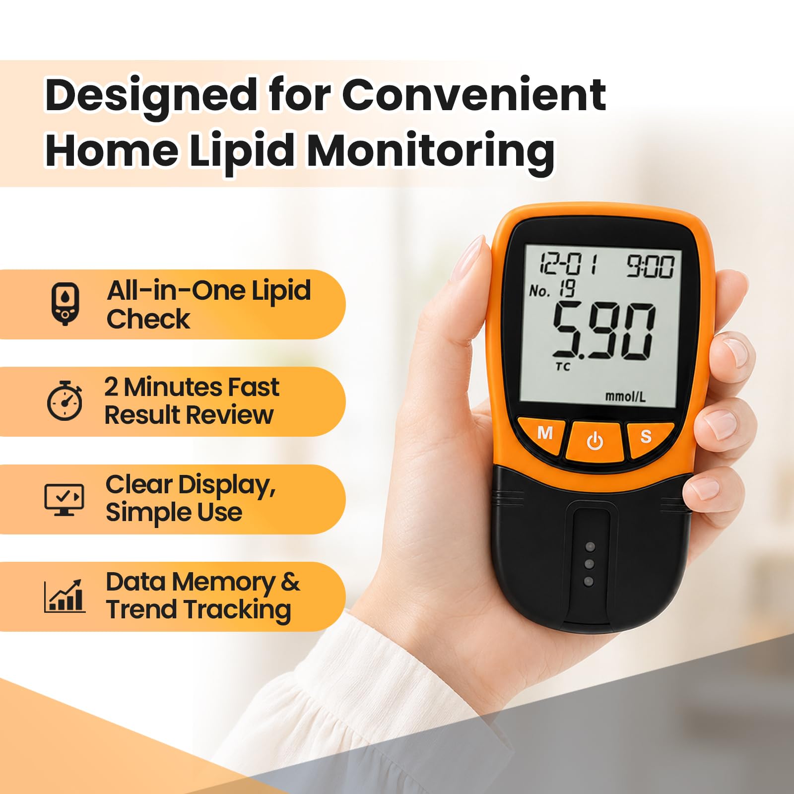 YOYOVIVA 5-in-1 Portable Cholesterol Test Meter Kit YYLIP-01 for Total Cholesterol, HDL, LDL, Triglycerides & TC/HDL Ratio, Easy-to-Use Home Lipid Testing Kit with 10 Test Strips, Lancets & Droppers