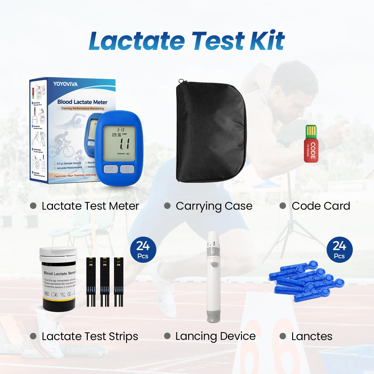 YOYOVIVA Lactate Meter for Athletes Small Sample Fast Result Portable Lactic Acid Tester for Sports Performance Training Includes 24 Test Strips Lancets Blue