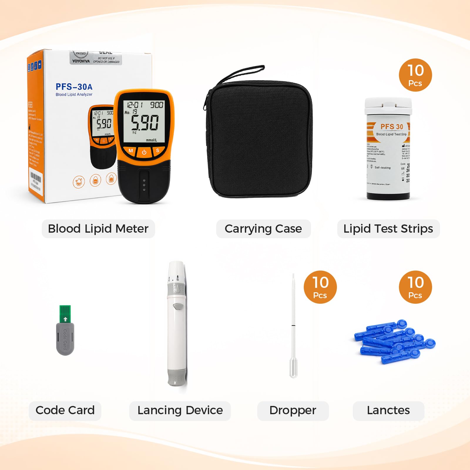 YOYOVIVA 5-in-1 Portable Cholesterol Test Meter Kit YYLIP-01 for Total Cholesterol, HDL, LDL, Triglycerides & TC/HDL Ratio, Easy-to-Use Home Lipid Testing Kit with 10 Test Strips, Lancets & Droppers
